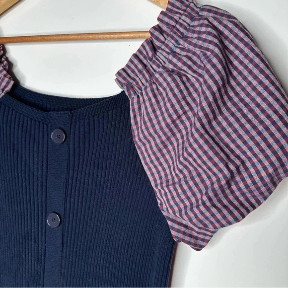 Maeve Anthropologie Navy Button Up Ribbed Knit Puff Sleeve Dress Size Large - Picture 5 of 10